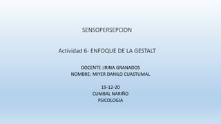 SENSOPERSEPCION
Actividad 6- ENFOQUE DE LA GESTALT
DOCENTE :IRINA GRANADOS
NOMBRE: MIYER DANILO CUASTUMAL
19-12-20
CUMBAL NARIÑO
PSICOLOGIA
 