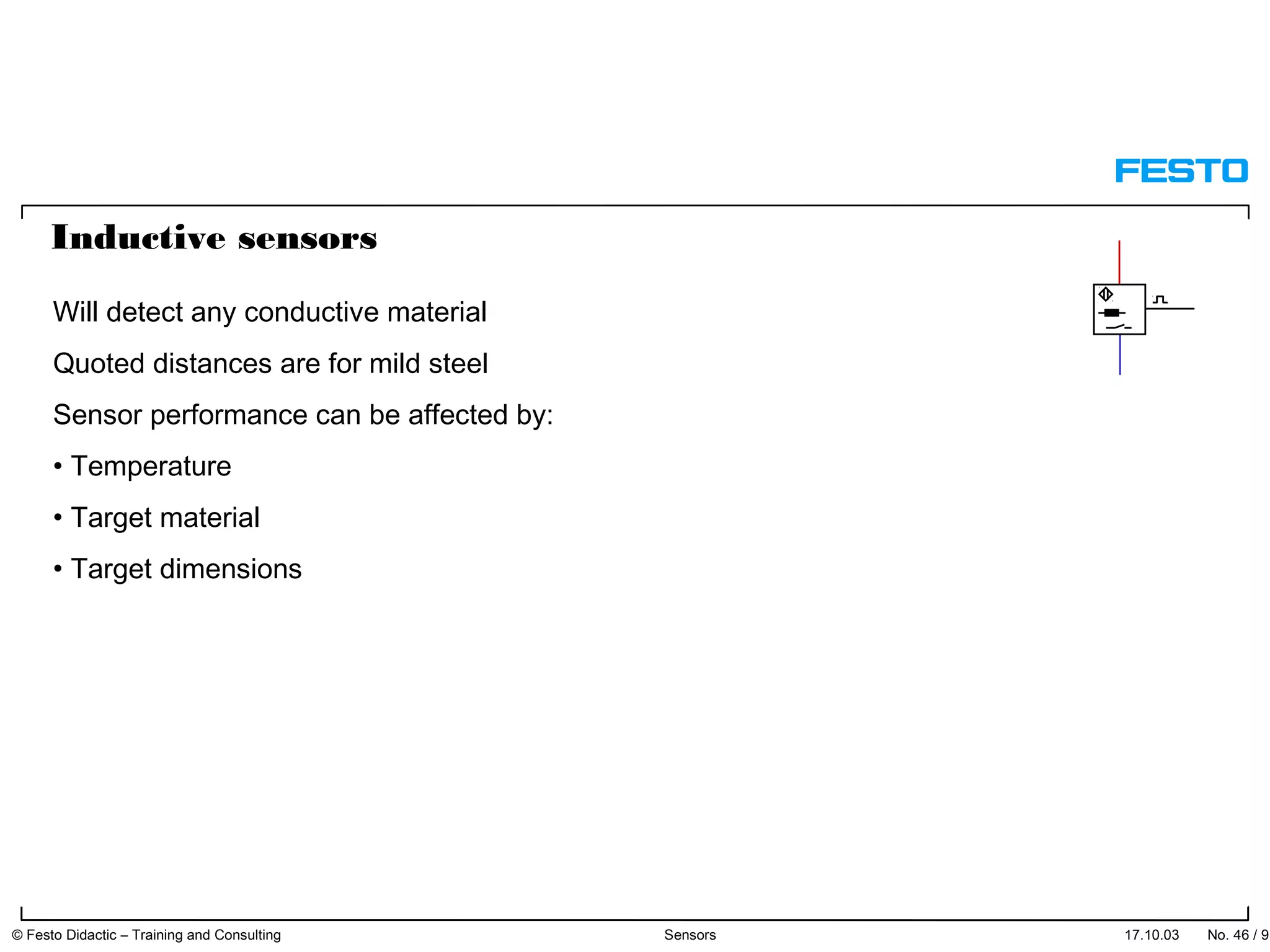 Inductive sensors
Will detect any conductive material
Quoted distances are for mild steel
Sensor performance can be affected by:
• Temperature
• Target material
• Target dimensions
17.10.03 © Festo Didactic – Training and Consulting Sensors No. 46 / 91
