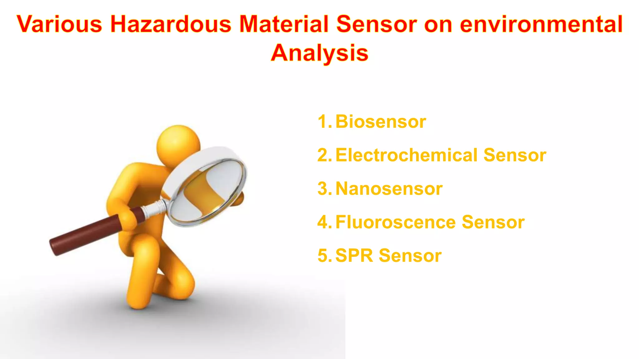 1.Biosensor
2.Electrochemical Sensor
3.Nanosensor
4.Fluoroscence Sensor
5.SPR Sensor
 