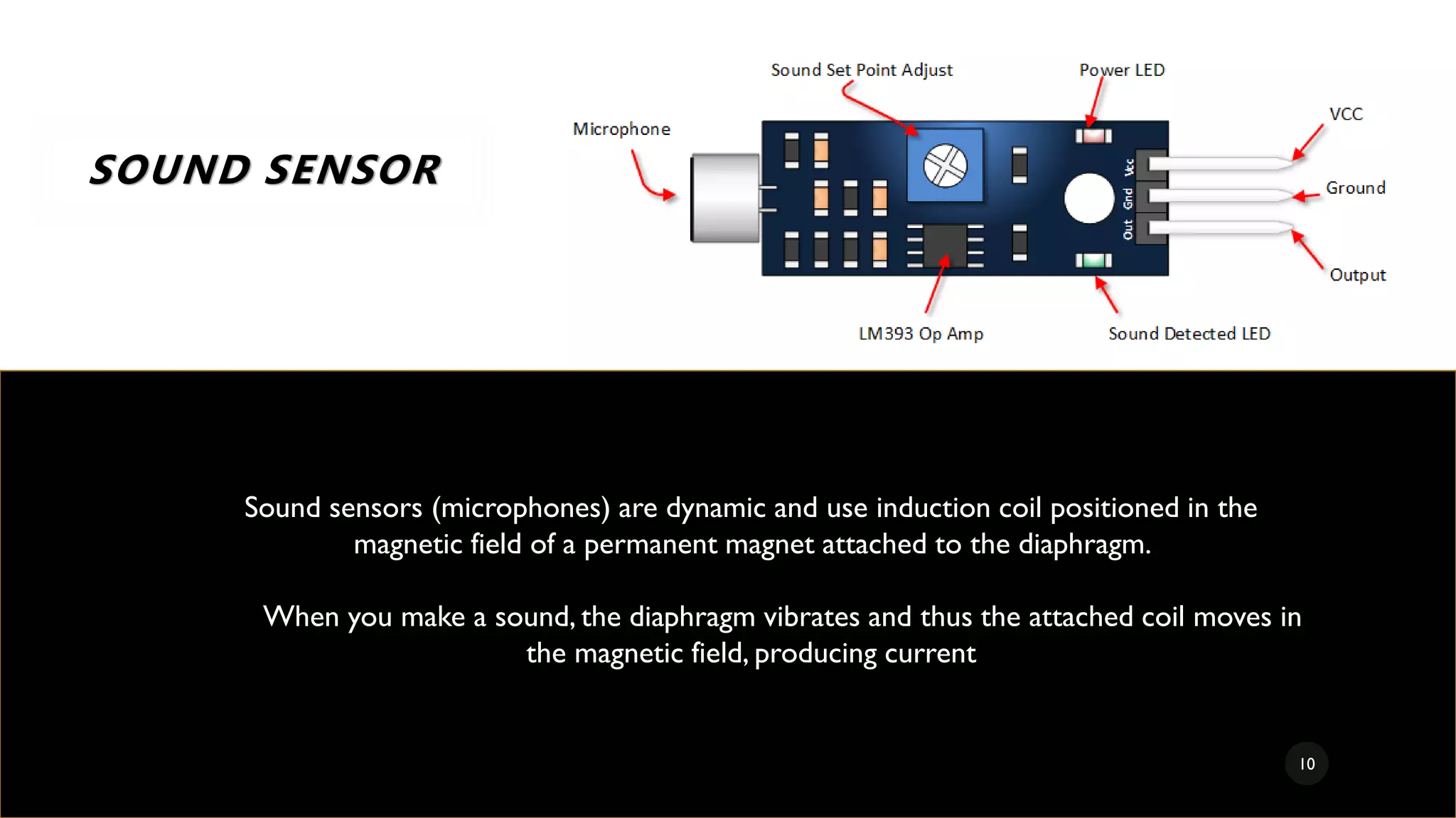 SOUND SENSOR
Sound sensors (microphones) are dynamic and use induction coil positioned in the
magnetic field of a permanent magnet attached to the diaphragm.
When you make a sound, the diaphragm vibrates and thus the attached coil moves in
the magnetic field, producing current
10
 