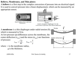 AMSS-MSc Prof. Kasim Al-Aubidy 27
Bellows, Membranes, and Thin plates:
A bellows is a first step in the complex conversion of pressure into an electrical signal.
It is used to convert pressure into a linear displacement, which can be measured by an
appropriate sensor.
A membrane is a thin diaphragm under radial tension (S),
which is measured in N/m.
At low-pressure (p) differences across the membrane, the
center deflection (zmax) and the stress (σmax) are functions
of pressure:
where: r is the membrane radius,
g is the thickness.
 