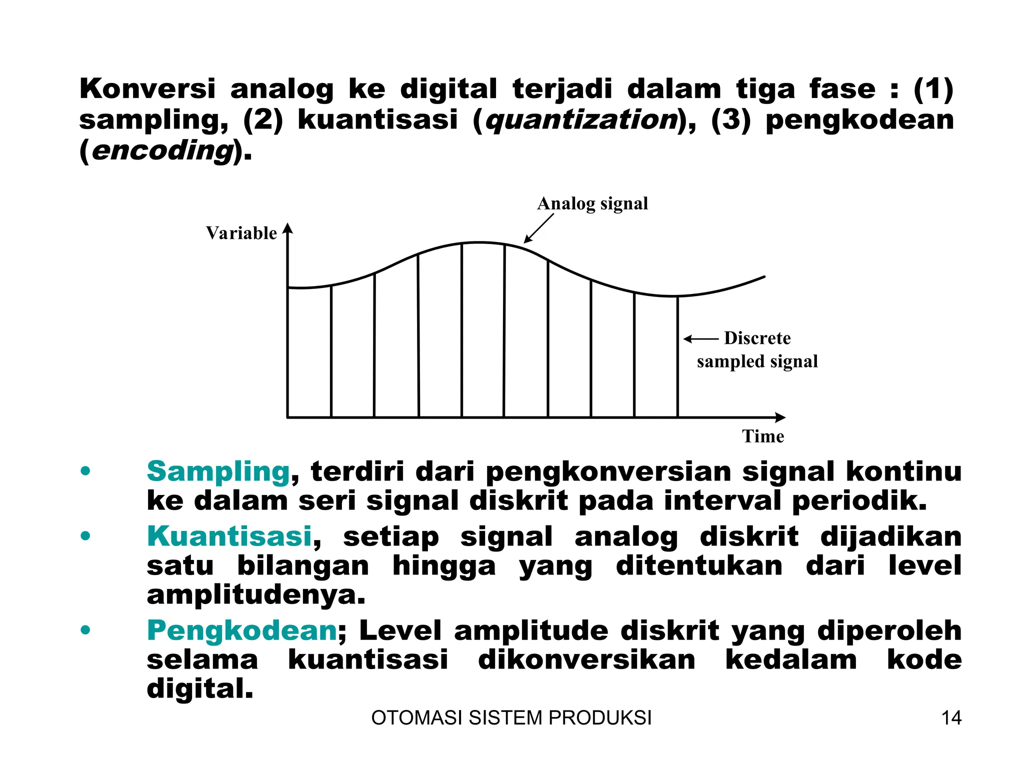 OTOMASI SISTEM PRODUKSI 14
Variable
Analog signal
Discrete
sampled signal
Time
Konversi analog ke digital terjadi dalam tiga fase : (1)
sampling, (2) kuantisasi (quantization), (3) pengkodean
(encoding).
• Sampling, terdiri dari pengkonversian signal kontinu
ke dalam seri signal diskrit pada interval periodik.
• Kuantisasi, setiap signal analog diskrit dijadikan
satu bilangan hingga yang ditentukan dari level
amplitudenya.
• Pengkodean; Level amplitude diskrit yang diperoleh
selama kuantisasi dikonversikan kedalam kode
digital.
 