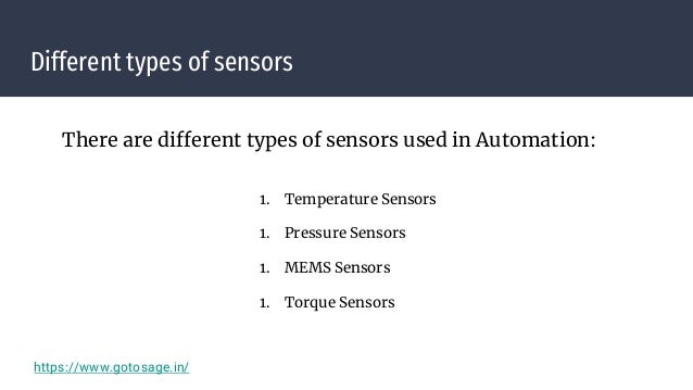 Different types of sensors
There are different types of sensors used in Automation:
1. Temperature Sensors
1. Pressure Sensors
1. MEMS Sensors
1. Torque Sensors
https://www.gotosage.in/
 
