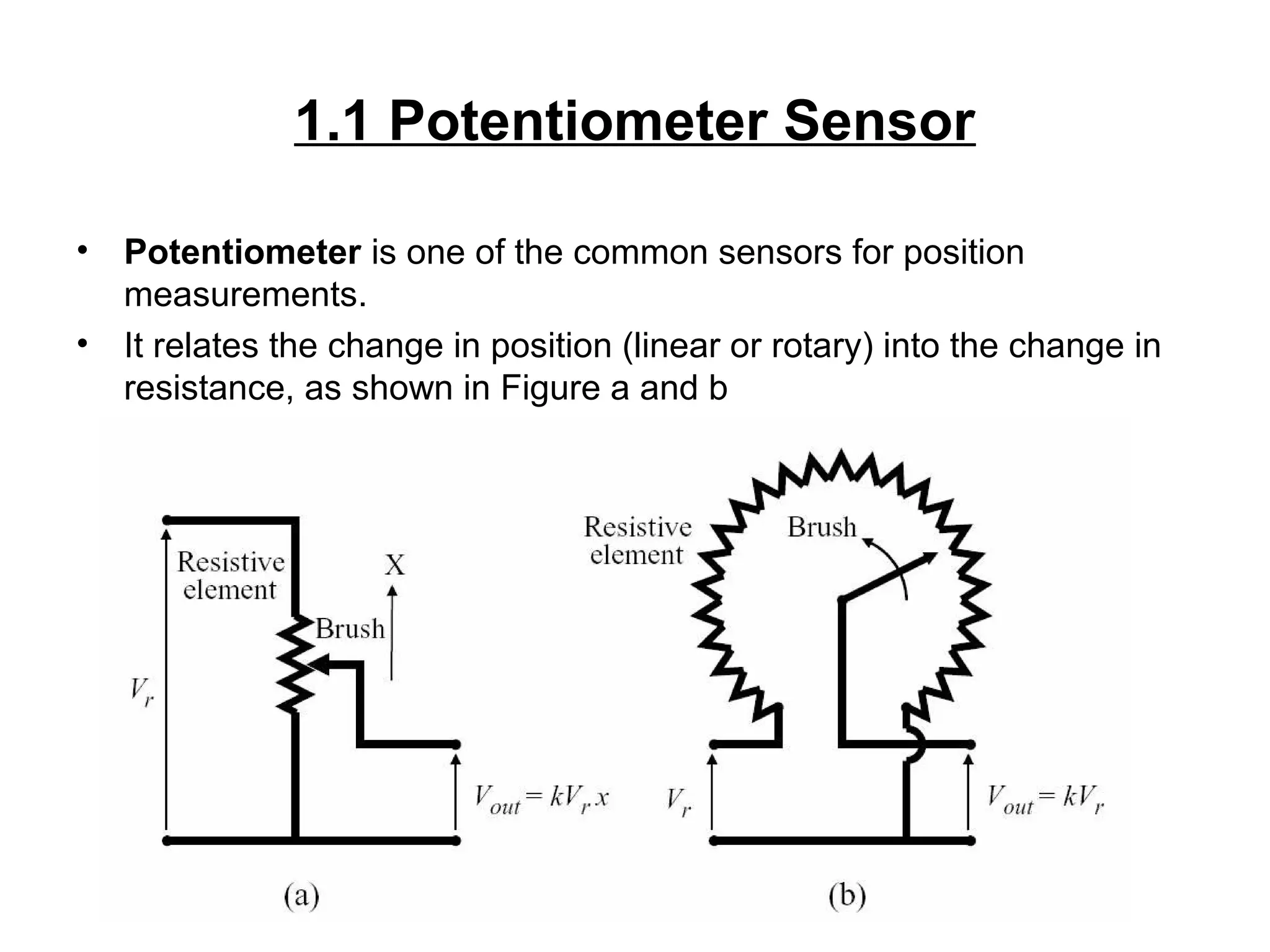 1.1 Potentiometer Sensor
• Potentiometer is one of the common sensors for position
measurements.
• It relates the change in position (linear or rotary) into the change in
resistance, as shown in Figure a and b
 