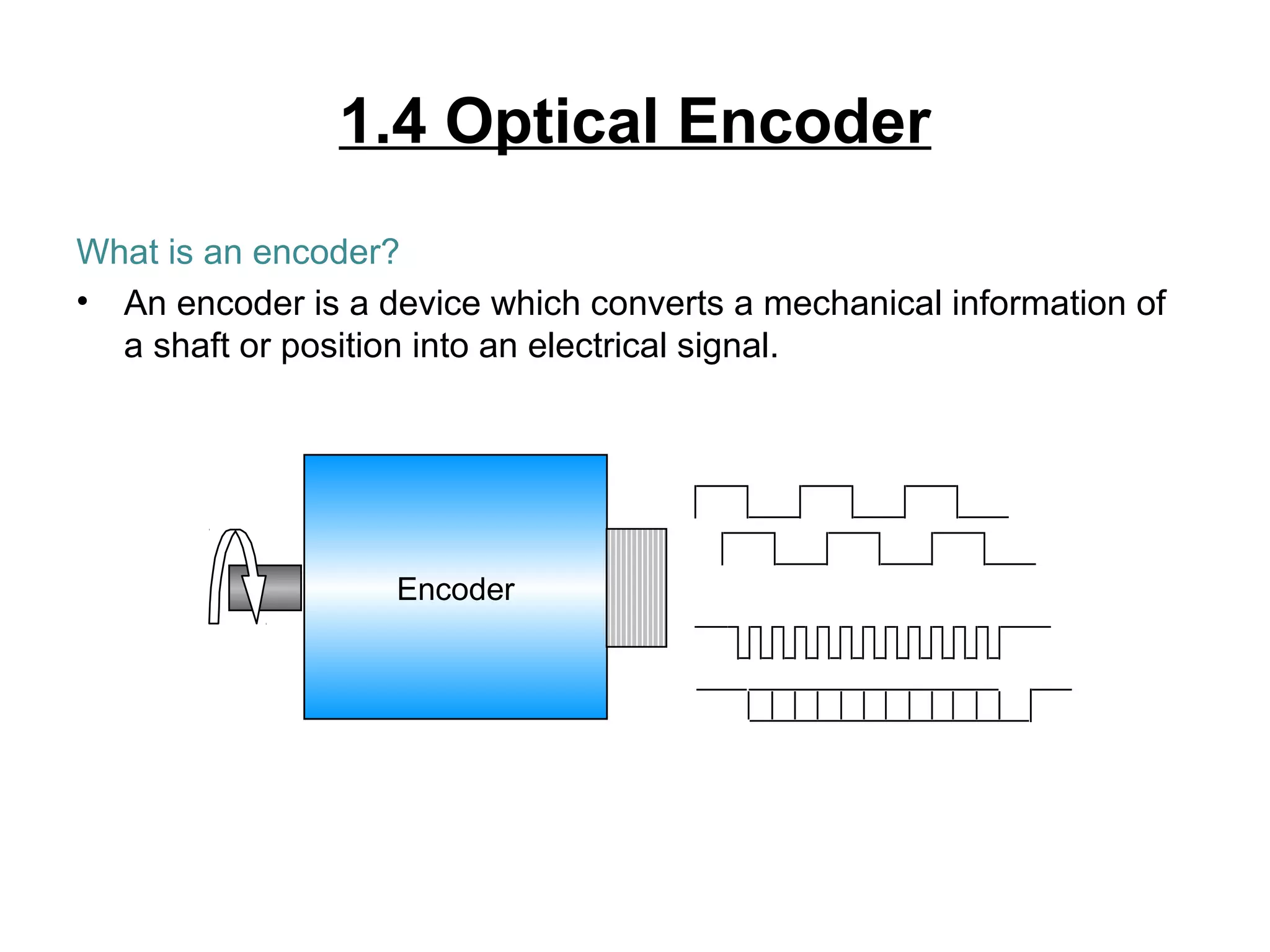 1.4 Optical Encoder
What is an encoder?
• An encoder is a device which converts a mechanical information of
a shaft or position into an electrical signal.
Encoder
 