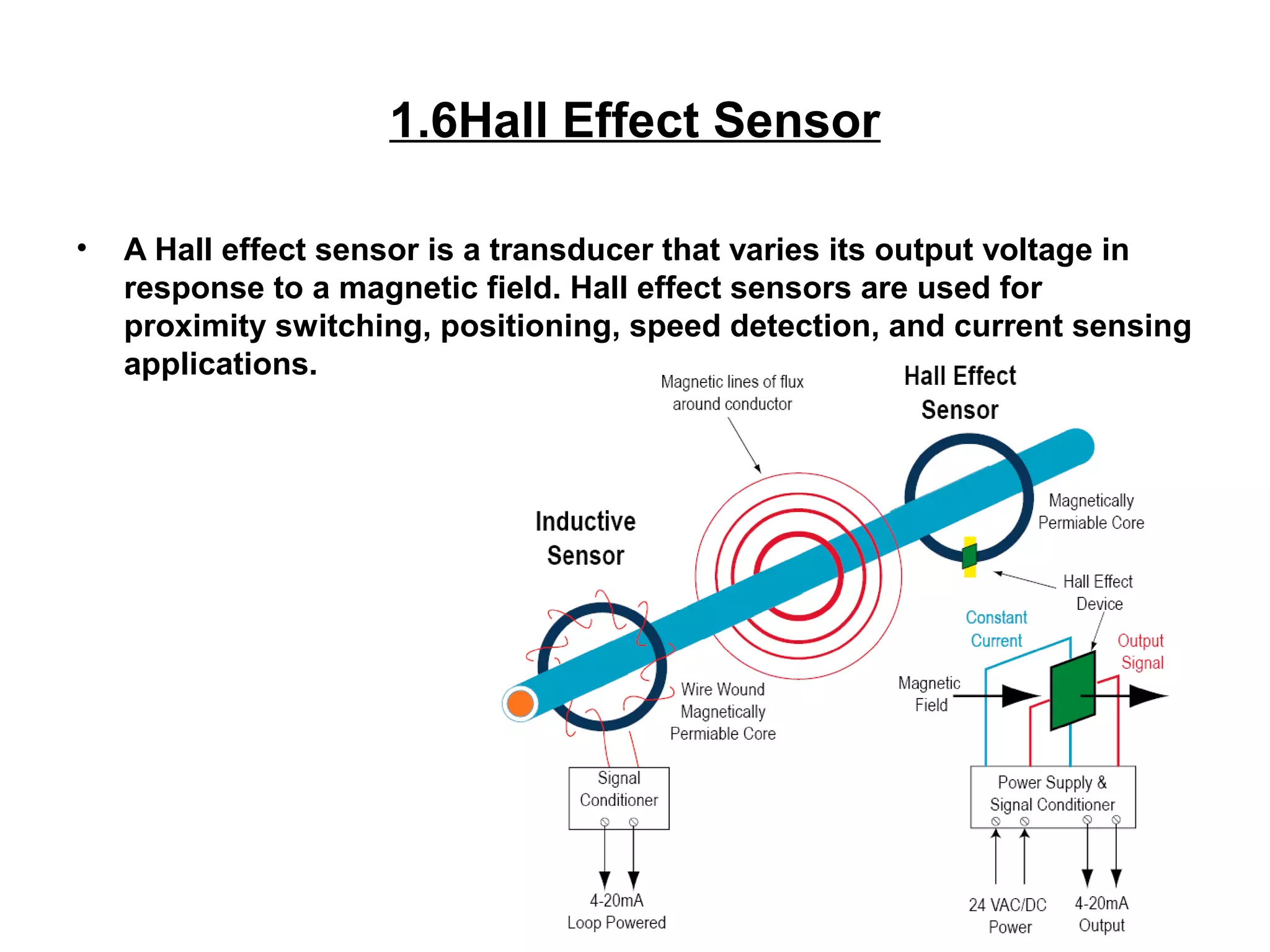 1.6Hall Effect Sensor
• A Hall effect sensor is a transducer that varies its output voltage in
response to a magnetic field. Hall effect sensors are used for
proximity switching, positioning, speed detection, and current sensing
applications.
 