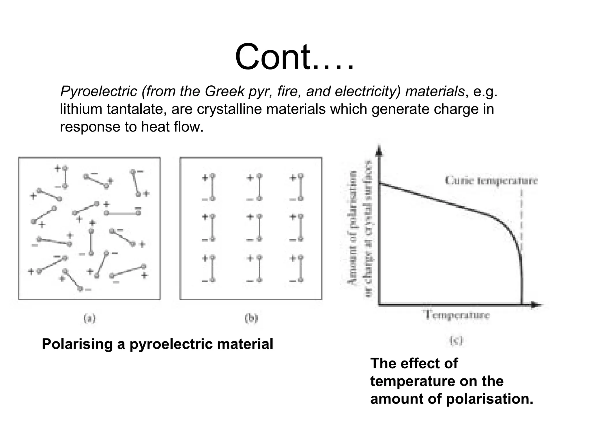 Cont.…
Pyroelectric (from the Greek pyr, fire, and electricity) materials, e.g.
lithium tantalate, are crystalline materials which generate charge in
response to heat flow.
Polarising a pyroelectric material
The effect of
temperature on the
amount of polarisation.
 