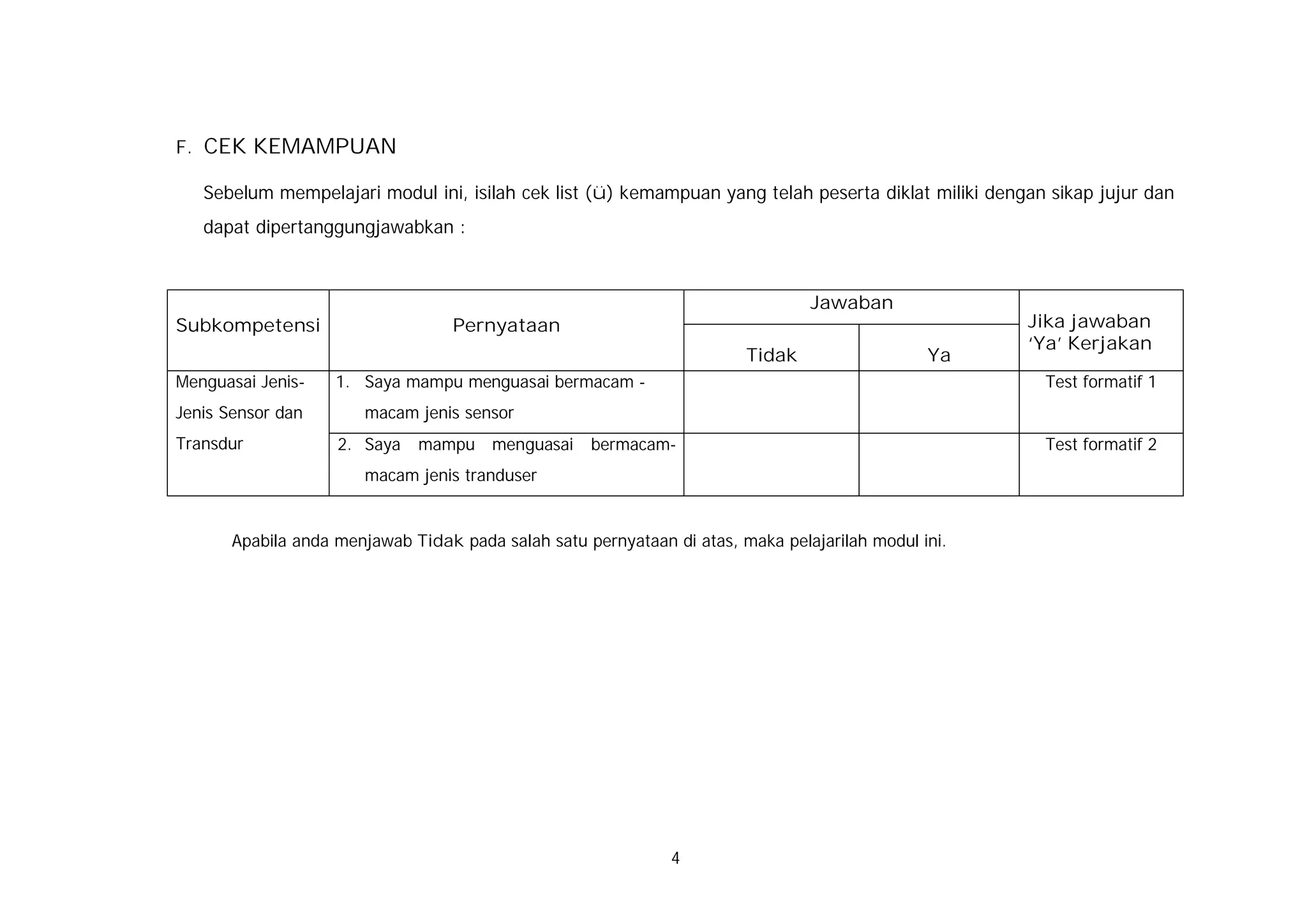 F. CEK KEMAMPUAN

   Sebelum mempelajari modul ini, isilah cek list (ü) kemampuan yang telah peserta diklat miliki dengan sikap jujur dan
   dapat dipertanggungjawabkan :



                                                                                Jawaban
Subkompetensi                      Pernyataan                                                        Jika jawaban
                                                                                                     ‘Ya’ Kerjakan
                                                                        Tidak                  Ya
Menguasai Jenis-    1. Saya mampu menguasai bermacam -                                                 Test formatif 1
Jenis Sensor dan       macam jenis sensor
Transdur            2. Saya   mampu menguasai       bermacam-                                          Test formatif 2
                       macam jenis tranduser


       Apabila anda menjawab Tidak pada salah satu pernyataan di atas, maka pelajarilah modul ini.




                                                              4
 
