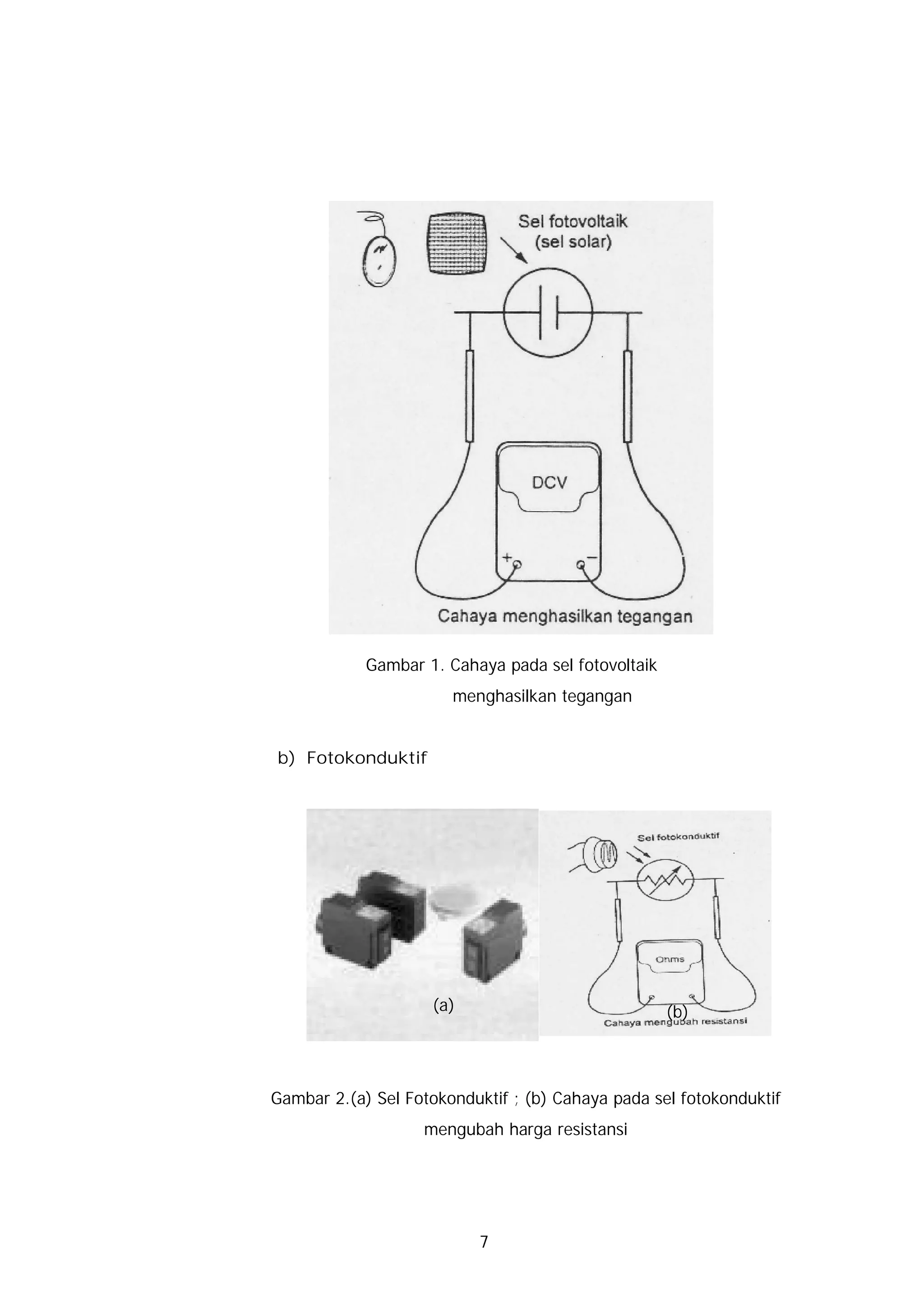 Gambar 1. Cahaya pada sel fotovoltaik
                       menghasilkan tegangan


b) Fotokonduktif




                    (a)                             (b)




Gambar 2.(a) Sel Fotokonduktif ; (b) Cahaya pada sel fotokonduktif
                   mengubah harga resistansi




                           7
 