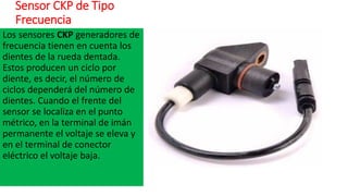 Sensor CKP de Tipo
Frecuencia
Los sensores CKP generadores de
frecuencia tienen en cuenta los
dientes de la rueda dentada.
Estos producen un ciclo por
diente, es decir, el número de
ciclos dependerá del número de
dientes. Cuando el frente del
sensor se localiza en el punto
métrico, en la terminal de imán
permanente el voltaje se eleva y
en el terminal de conector
eléctrico el voltaje baja.
 