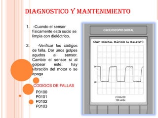 DIAGNOSTICO Y MANTENIMIENTO

1. -Cuando el sensor
   físicamente está sucio se
   limpia con dieléctrico.

2.      -Verificar los códigos
     de falla. Dar unos golpes
     agudos       al    sensor.
     Cambie el sensor si al
     golpear      este,    hay
     vibración del motor o se
     apaga

     CODIGOS DE FALLAS
       P0100
       P0101
       P0102
       P0103
 
