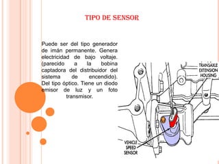 TIPO DE SENSOR


Puede ser del tipo generador
de imán permanente. Genera
electricidad de bajo voltaje.
(parecido      a    la   bobina
captadora del distribuidor del
sistema       de     encendido).
Del tipo óptico. Tiene un diodo
emisor de luz y un foto
           transmisor.
 