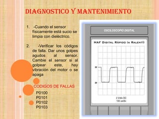 DIAGNOSTICO Y MANTENIMIENTO

1. -Cuando el sensor
   físicamente está sucio se
   limpia con dieléctrico.

2.      -Verificar los códigos
     de falla. Dar unos golpes
     agudos       al    sensor.
     Cambie el sensor si al
     golpear      este,    hay
     vibración del motor o se
     apaga

     CODIGOS DE FALLAS
       P0100
       P0101
       P0102
       P0103
 