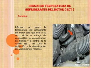 Sensor de temperatura de
          refrigerante del motor ( ect )

  Función:



Informar      al     pcm     la
temperatura del refrigerante
del motor para que este a su
vez calcule la entrega de
combustible, la sincronización
del tiempo y el control de la
válvula egr , así como la
activación y la desactivación
del ventilador del radiador.
 
