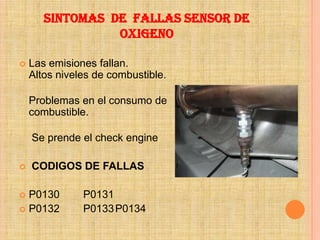 SINTOMAS DE FALLAS SENSOR DE
                 OXIGENO

   Las emisiones fallan.
    Altos niveles de combustible.

    Problemas en el consumo de
    combustible.

    Se prende el check engine

   CODIGOS DE FALLAS

 P0130        P0131
 P0132        P0133 P0134
 