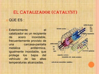 EL CATALIZADOR (CATALYST)
 QÚE     ES :

   Exteriormente             el
    catalizador es un recipiente
    de     acero     inoxidable,
    frecuentemente provisto de
    una        carcasa-pantalla
    metálica        antitérmica,
    igualmente inoxidable, que
    protege los bajos del
    vehículo de las altas
    temperaturas alcanzadas.
 