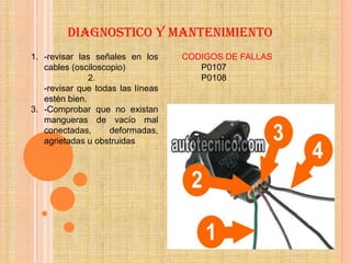 DIAGNOSTICO Y MANTENIMIENTO
1. -revisar las señales en los     CODIGOS DE FALLAS
   cables (osciloscopio)              P0107
               2.                     P0108
   -revisar que todas las líneas
   estén bien.
3. -Comprobar que no existan
   mangueras de vacío mal
   conectadas,      deformadas,
   agrietadas u obstruidas
 