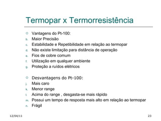 Termopar x Termorresistência Vantagens do Pt-100:  Maior Precisão Estabilidade e Repetibilidade em relação ao termopar Não existe limitação para distância de operação Fios de cobre comum Utilização em qualquer ambiente Proteção a ruídos elétricos Desvantagens do Pt-100:  Mais caro Menor range Acima do range , desgasta-se mais rápido Possui um tempo de resposta mais alto em relação ao termopar Frágil 12/04/11 