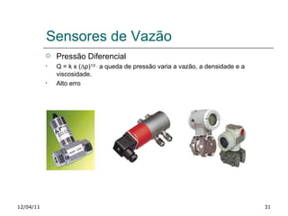 Sensores de Vazão 12/04/11 Pressão Diferencial Q = k x (∆ ρ ) 1/2 ,  a queda de pressão varia a vazão, a densidade e a viscosidade.  Alto erro 