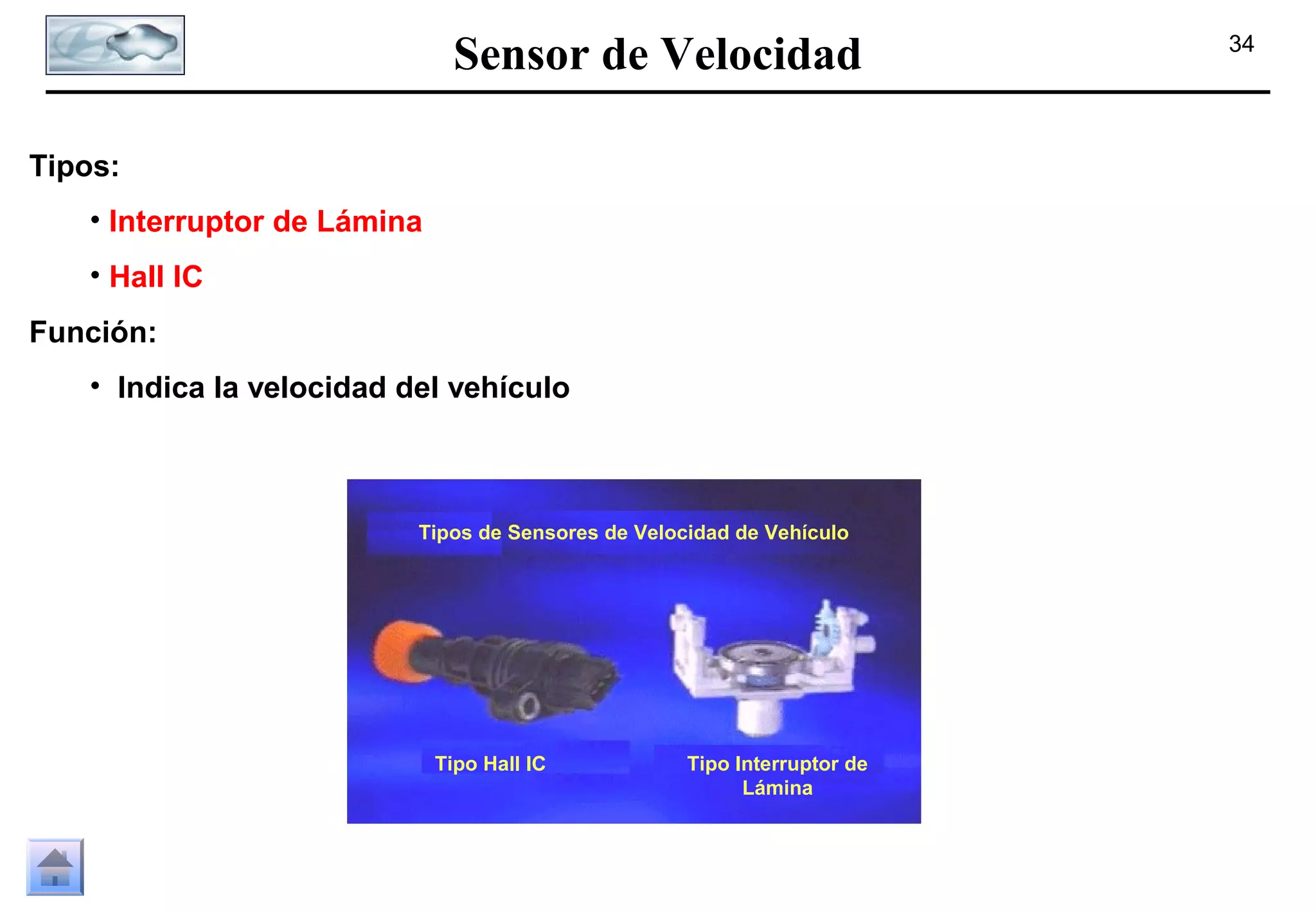 Sensor de Velocidad
Tipos:
• Interruptor de Lámina
• Hall IC
Función:
• Indica la velocidad del vehículo

Tipos de Sensores de Velocidad de Vehículo

Tipo Hall IC

Tipo Interruptor de
Lámina

34

 