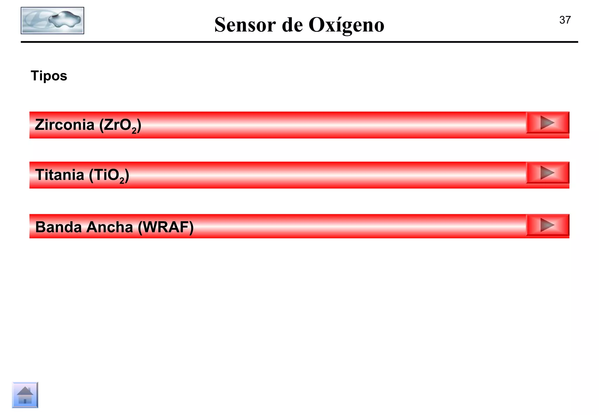 Sensor de Oxígeno
Tipos

Zirconia (ZrO2)
Titania (TiO2)
Banda Ancha (WRAF)

37

 