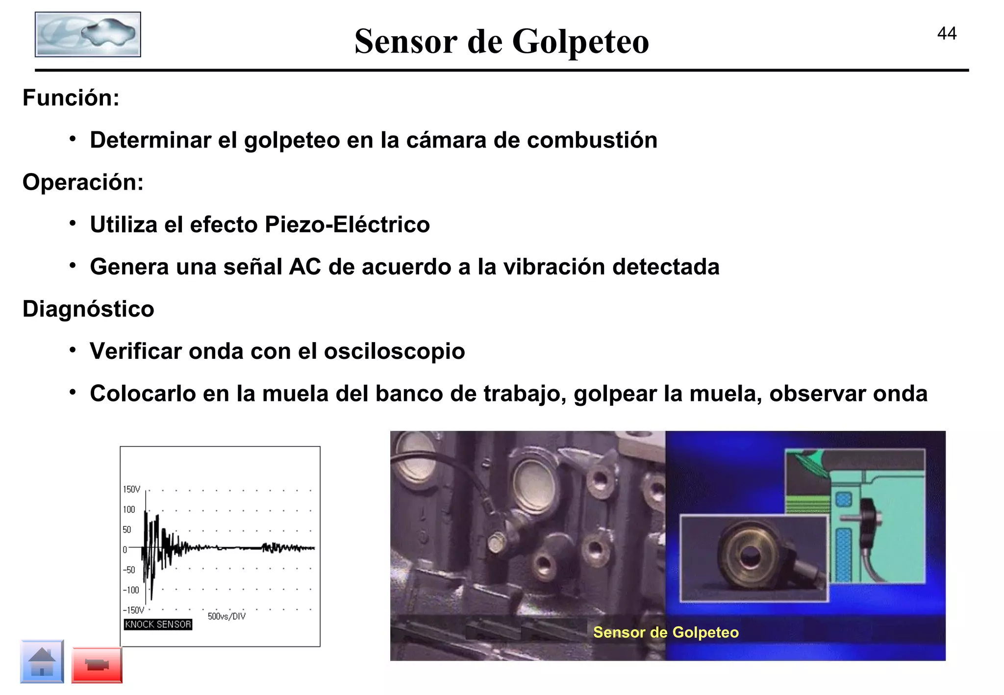 Sensor de Golpeteo
Función:
• Determinar el golpeteo en la cámara de combustión
Operación:
• Utiliza el efecto Piezo-Eléctrico
• Genera una señal AC de acuerdo a la vibración detectada
Diagnóstico
• Verificar onda con el osciloscopio
• Colocarlo en la muela del banco de trabajo, golpear la muela, observar onda

Sensor de Golpeteo

44

 