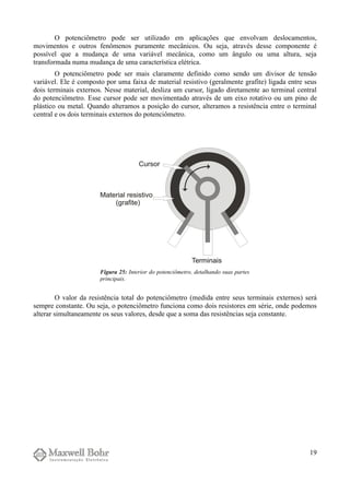 O potenciômetro pode ser utilizado em aplicações que envolvam deslocamentos,
movimentos e outros fenômenos puramente mecânicos. Ou seja, através desse componente é
possível que a mudança de uma variável mecânica, como um ângulo ou uma altura, seja
transformada numa mudança de uma característica elétrica.
O potenciômetro pode ser mais claramente definido como sendo um divisor de tensão
variável. Ele é composto por uma faixa de material resistivo (geralmente grafite) ligada entre seus
dois terminais externos. Nesse material, desliza um cursor, ligado diretamente ao terminal central
do potenciômetro. Esse cursor pode ser movimentado através de um eixo rotativo ou um pino de
plástico ou metal. Quando alteramos a posição do cursor, alteramos a resistência entre o terminal
central e os dois terminais externos do potenciômetro.
O valor da resistência total do potenciômetro (medida entre seus terminais externos) será
sempre constante. Ou seja, o potenciômetro funciona como dois resistores em série, onde podemos
alterar simultaneamente os seus valores, desde que a soma das resistências seja constante.
19
Figura 25: Interior do potenciômetro, detalhando suas partes
principais.
 