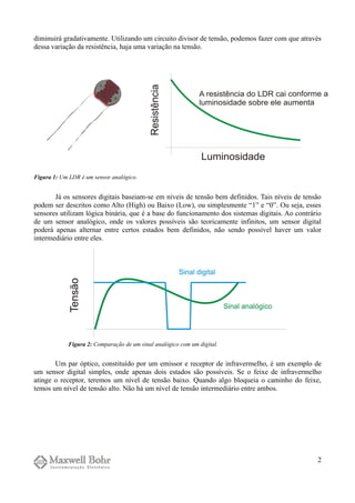 diminuirá gradativamente. Utilizando um circuito divisor de tensão, podemos fazer com que através
dessa variação da resistência, haja uma variação na tensão.
Já os sensores digitais baseiam-se em níveis de tensão bem definidos. Tais níveis de tensão
podem ser descritos como Alto (High) ou Baixo (Low), ou simplesmente “1” e “0”. Ou seja, esses
sensores utilizam lógica binária, que é a base do funcionamento dos sistemas digitais. Ao contrário
de um sensor analógico, onde os valores possíveis são teoricamente infinitos, um sensor digital
poderá apenas alternar entre certos estados bem definidos, não sendo possível haver um valor
intermediário entre eles.
Um par óptico, constituído por um emissor e receptor de infravermelho, é um exemplo de
um sensor digital simples, onde apenas dois estados são possíveis. Se o feixe de infravermelho
atinge o receptor, teremos um nível de tensão baixo. Quando algo bloqueia o caminho do feixe,
temos um nível de tensão alto. Não há um nível de tensão intermediário entre ambos.
2
Figura 1: Um LDR é um sensor analógico.
Figura 2: Comparação de um sinal analógico com um digital.
 