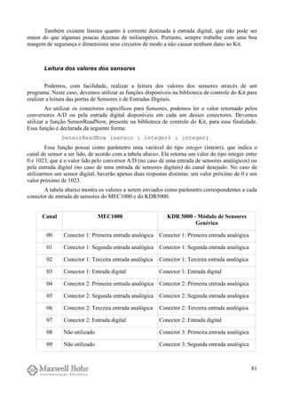 Também existem limites quanto à corrente destinada à entrada digital, que não pode ser
maior do que algumas poucas dezenas de miliampères. Portanto, sempre trabalhe com uma boa
margem de segurança e dimensione seus circuitos de modo a não causar nenhum dano ao Kit.
Leitura dos valores dos sensores
Podemos, com facilidade, realizar a leitura dos valores dos sensores através de um
programa. Neste caso, devemos utilizar as funções disponíveis na biblioteca de controle do Kit para
realizar a leitura das portas de Sensores e de Entradas Digitais.
Ao utilizar os conectores específicos para Sensores, podemos ler o valor retornado pelos
conversores A/D ou pela entrada digital disponíveis em cada um desses conectores. Devemos
utilizar a função SensorReadNow, presente na biblioteca de controle do Kit, para essa finalidade.
Essa função é declarada da seguinte forma:
SensorReadNow (sensor : integer) : integer;
Essa função possui como parâmetro uma variável do tipo integer (inteiro), que indica o
canal de sensor a ser lido, de acordo com a tabela abaixo. Ela retorna um valor do tipo integer entre
0 e 1023, que é o valor lido pelo conversor A/D (no caso de uma entrada de sensores analógicos) ou
pela entrada digital (no caso de uma entrada de sensores digitais) do canal desejado. No caso de
utilizarmos um sensor digital, haverão apenas duas respostas distintas: um valor próximo de 0 e um
valor próximo de 1023.
A tabela abaixo mostra os valores a serem enviados como parâmetro correspondentes a cada
conector de entrada de sensores do MEC1000 e do KDR5000.
Canal MEC1000 KDR 5000 - Módulo de Sensores
Genérico
00 Conector 1: Primeira entrada analógica Conector 1: Primeira entrada analógica
01 Conector 1: Segunda entrada analógica Conector 1: Segunda entrada analógica
02 Conector 1: Terceira entrada analógica Conector 1: Terceira entrada analógica
03 Conector 1: Entrada digital Conector 1: Entrada digital
04 Conector 2: Primeira entrada analógica Conector 2: Primeira entrada analógica
05 Conector 2: Segunda entrada analógica Conector 2: Segunda entrada analógica
06 Conector 2: Terceira entrada analógica Conector 2: Terceira entrada analógica
07 Conector 2: Entrada digital Conector 2: Entrada digital
08 Não utilizado Conector 3: Primeira entrada analógica
09 Não utilizado Conector 3: Segunda entrada analógica
81
 