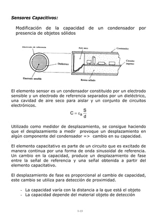 Sensores Capacitivos:
Modificación de la capacidad de un condensador por
presencia de objetos sólidos
El elemento sensor es un condensador constituido por un electrodo
sensible y un electrodo de referencia separados por un dieléctrico,
una cavidad de aire seco para aislar y un conjunto de circuitos
electrónicos.
d
S
C aε=
Utilizado como medidor de desplazamiento, se consigue haciendo
que el desplazamiento a medir provoque un desplazamiento en
algún componente del condensador => cambio en su capacidad.
El elemento capacitativo es parte de un circuito que es excitado de
manera continua por una forma de onda sinusoidal de referencia.
Un cambio en la capacidad, produce un desplazamiento de fase
entre la señal de referencia y una señal obtenida a partir del
elemento capacitativo.
El desplazamiento de fase es proporcional al cambio de capacidad,
este cambio se utiliza para detección de proximidad.
- La capacidad varía con la distancia a la que está el objeto
- La capacidad depende del material objeto de detección
1-13
 