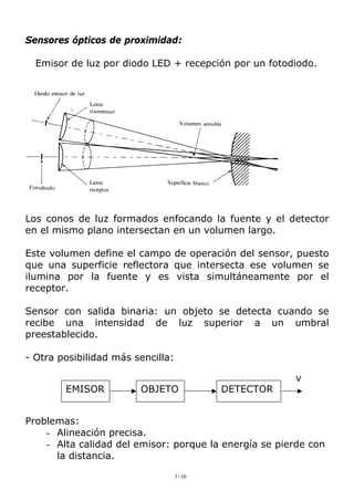 Sensores ópticos de proximidad:
Emisor de luz por diodo LED + recepción por un fotodiodo.
Los conos de luz formados enfocando la fuente y el detector
en el mismo plano intersectan en un volumen largo.
Este volumen define el campo de operación del sensor, puesto
que una superficie reflectora que intersecta ese volumen se
ilumina por la fuente y es vista simultáneamente por el
receptor.
Sensor con salida binaria: un objeto se detecta cuando se
recibe una intensidad de luz superior a un umbral
preestablecido.
- Otra posibilidad más sencilla:
OBJETO DETECTOR
v
EMISOR
Problemas:
- Alineación precisa.
- Alta calidad del emisor: porque la energía se pierde con
la distancia.
1-16
 