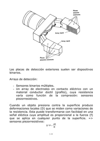 Las placas de detección exteriores suelen ser dispositivos
binarios.
Arrays de detección:
- Sensores binarios múltiples.
- Un array de electrodos en contacto eléctrico con un
material conductor dúctil (grafito), cuya resistencia
varía como función de la compresión: sensores
piezorresistivos.
Cuando un objeto presiona contra la superficie produce
deformaciones locales (D) que se miden como variaciones de
la resistencia. Esta puede transformarse con facilidad en una
señal eléctica cuya amplitud es proporcional a la fuerza (f)
que se aplica en cualquier punto de la superficie. =>
sensores piezorresistivos:
R
R
P*D
∆
=
1-19
 