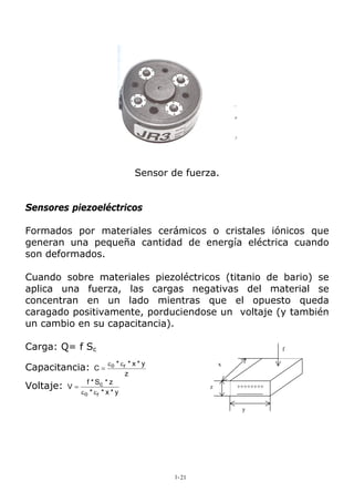 Sensor de fuerza.
Sensores piezoeléctricos
Formados por materiales cerámicos o cristales iónicos que
generan una pequeña cantidad de energía eléctrica cuando
son deformados.
Cuando sobre materiales piezoléctricos (titanio de bario) se
aplica una fuerza, las cargas negativas del material se
concentran en un lado mientras que el opuesto queda
caragado positivamente, porduciendose un voltaje (y también
un cambio en su capacitancia).
Carga: Q= f Sc
++++++++
-------------
z
x
y
f
Capacitancia:
z
y*x**
C rεε
= 0
Voltaje:
y*x**
z*S*f
V
r
c
εε
=
0
1-21
 