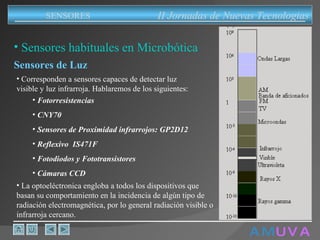 A M   U V A Sensores de Luz Corresponden a sensores capaces de detectar luz visible y luz infrarroja. Hablaremos de los siguientes:  Sensores habituales en Microbótica Fotorresistencias CNY70  Sensores de Proximidad infrarrojos: GP2D12 Reflexivo  IS471F Fotodiodos y Fototransistores Cámaras CCD La optoeléctronica engloba a todos los dispositivos que basan su comportamiento en la incidencia de algún tipo de radiación electromagnética, por lo general radiación visible o infrarroja cercano. II Jornadas de Nuevas Tecnologias SENSORES 