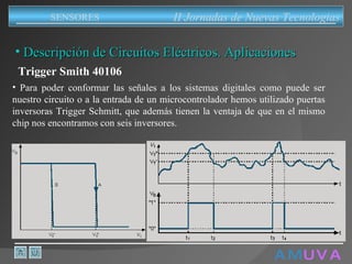 A M   U V A Descripción de Circuitos Eléctricos. Aplicaciones Trigger Smith 40106 Para poder conformar las señales a los sistemas digitales como puede ser nuestro circuito o a la entrada de un microcontrolador hemos utilizado puertas inversoras Trigger Schmitt, que además tienen la ventaja de que en el mismo chip nos encontramos con seis inversores.  II Jornadas de Nuevas Tecnologias SENSORES 