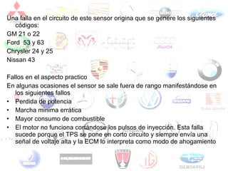 Una falla en el circuito de este sensor origina que se genere los siguientes
códigos:
GM 21 o 22
Ford 53 y 63
Chrysler 24 y 25
Nissan 43
Fallos en el aspecto practico
En algunas ocasiones el sensor se sale fuera de rango manifestándose en
los siguientes fallos
• Perdida de potencia
• Marcha minima errática
• Mayor consumo de combustible
• El motor no funciona cortándose los pulsos de inyección. Esta falla
sucede porque el TPS se pone en corto circuito y siempre envía una
señal de voltaje alta y la ECM lo interpreta como modo de ahogamiento
 