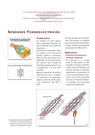 Fundamentos
Los metales, así como algunos
otros compuestos, presentan una
clara sensibilidad a los cambios de
temperatura.
El aumento de temperatura dilata
los cuerpos y, en el caso de los
metales, modifica su resistencia
eléctrica. Esta característica es el
fundamento de las termorresisten-
cias: sensores cuya variación de
resistencia guarda proporción con
la temperatura a la que están
sometidas.
Algunos compuestos se fabrican
especialmente para conseguir
un coeficiente de temperatura
negativo o positivo, dando origen
a las resistencias tipo PTC o
NTC.
Un caso particular de termorresis-
tencia, muy precisa y de respuesta
lineal, es la que utiliza como elemen-
to sensor el platino puro que posee
una resistencia de 100 Ω a 0 ºC.
Aplicaciones
·Transmisor de temperatura
del líquido refrigerante
Se construye en un cuerpo
hueco, en cuyo interior se halla
colocada la resistencia tipo NTC;
cuando aumenta la temperatura a
la que es sometida, su resistencia
experimenta una disminución en
su valor y esta alteración conver-
tida en una variación de tensión
es lo que se transmite al elemen-
to asociado para que pueda
conocerse la temperatura.
“Los sensores termoeléctricos proporcionan una variación eléctrica cuando
existe una alteración en la temperatura.
Constituyen el principio de funcionamiento del transmisor de temperatura,
pero también del medidor de masa de aire.”
Funcionamiento de una resistencia NTC
Al aumentar la temperatura disminuye la
resistencia al paso de los electrones, facili-
tando así un mayor flujo de los mismos.
B6-15
B6-16
SE N S O R E S TE R M O E L É C T R I C O S
Símbolo delTRANSMISOR DETEMPERATURA
TRANSMISOR DE TEMPERATURA
DEL LÍQUIDO REFRIGERANTE
Resistencia NTC
Flujo de
electrones
 