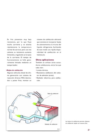 En frío presentan muy baja
resistencia, por lo que fluye
mucha corriente y se alcanza
rápidamente la temperatura
normal de servicio, pero una vez
caliente, su resistencia aumenta
limitando y regulando así el paso
de la corriente. El tiempo de
funcionamiento se halla gene-
ralmente limitado mediante un
temporizador.
·Bujías de calefacción
Algunos vehículos diesel de últi-
ma generación con sistema de
inyección directa (TDi) destina-
dos a países fríos, montan un
sistema de calefacción adicional
que consiste en incorporar bujías
de calentamiento al circuito del
líquido refrigerante, facilitando
de este modo una rápida dispo-
nibilidad de calefacción en el
habitáculo.
Otras aplicaciones
También se utilizan otros actua-
dores calefactores, entre los que
cabe citar:
·Luneta térmica.
·Resistencia calefactora del colec-
tor de admisión (erizo).
·Radiador eléctrico, para calefac-
ción.
27
Las bujías de calefacción permiten disponer
de calefacción rápida con motores fríos.
B6-43
Bujías de calefacción
Radiador de calefacción
 