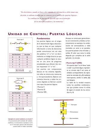Fundamentos
Las puertas lógicas son el origen
de la denominada lógica electróni-
ca, que se basa en que cualquier
información o toma de decisiones
puede comunicarse con tan sólo
dos palabras, “sí” y “no”, es decir,
mediante un código binario, ya que
cualquier problema lógico se resu-
me en una serie de preguntas
encadenadas que ofrecen dos úni-
cas respuestas: “sí” o “no”.
Las puertas son componentes
básicos en los sistemas digitales,
con ellas se construirán memorias
y microprocesadores. Operan con
números binarios y todos los cir-
cuitos digitales se fabrican usando
tres tipos de puertas lógicas:
·Puertas Y.
·Puertas O.
·Puertas NO.
Aunque se construyen generalmen-
te con transistores y diodos, su fun-
cionamiento se asemeja a la combi-
nación de conmutadores o relés
montados en serie o en paralelo.
Las puertas poseen unas entradas y
salidas. El valor que tome la salida
depende por completo de la señal
aplicada a la entrada.
·Puerta tipoY (AND)
A la puerta tipo Y se la llama “todo
o nada”. La primera figura represen-
ta un circuito tipo Y, así como el
símbolo correspondiente. Se repre-
senta las entradas (A y B) mediante
interruptores, siendo la salida (Q)
una lámpara.
La tabla de la verdad muestra
todas las posibles combinacio-
nes que pueden tomar la salida
Q según el estado de las entra-
das A y B.
“En electrónica, cuando en base a dos entradas de información se debe tomar una
decisión, se utilizan circuitos que se conocen con el nombre de «puertas lógicas» .
La combinación de puertas de diferente tipo son el principio
de los microprocesadores y las memorias.”
UN I DA D D E CO N T RO L : PU E RTA S LÓ G I C A S
Ejemplo de control mediante un circuito Y
El accionamiento del ventilador del radiador,
mediante un termocontacto montado en serie
con el interruptor general. Sólo funcionará
cuando ambos se hallen conectados.
B6-61
Puerta tipo O
ENTRADAS SALIDA
A B Q
0 0 0
0 1 0
1 0 0
1 1 1
Q = A x B
ENTRADAS SALIDA
A B Q
0 0 0
0 1 1
1 0 1
1 1 1
Q = A + B
B6-60
B6-59
Interruptor
Termocontacto
Electroventilador
Puerta tipo Y
 
