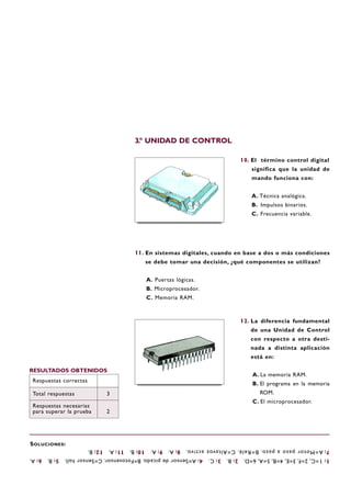 10. El término control digital
significa que la unidad de
mando funciona con:
A. Técnica analógica.
B. Impulsos binarios.
C. Frecuencia variable.
12. La diferencia fundamental
de una Unidad de Control
con respecto a otra desti-
nada a distinta aplicación
está en:
A. La memoria RAM.
B. El programa en la memoria
ROM.
C. El microprocesador.
11. En sistemas digitales, cuando en base a dos o más condiciones
se debe tomar una decisión, ¿qué componentes se utilizan?
A. Puertas lógicas.
B. Microprocesador.
C. Memoria RAM.
RESULTADOS OBTENIDOS
Respuestas correctas
Total respuestas 3
Respuestas necesarias
para superar la prueba 2
SOLUCIONES:
1:1=C,2=F,3=E,4=B,5=A,6=D.2:B.3:C.4:A=Sensordepicado.B=Fotosensor.C=Sensorhall.5:B.6:A.
7:A=Motorpasoapaso.B=Relé.C=Altavozactivo.8:A.9:A.10:B.11:A.12:B.
3.º UNIDAD DE CONTROL
 