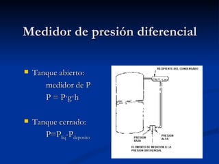 Medidor de presión diferencial Tanque abierto:    medidor de P P =   ·g·h Tanque cerrado:  P=P liq -P deposito 