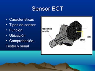 Sensor ECT
• Características
• Tipos de sensor
• Función
• Ubicación
• Comprobación,
Tester y señal
 