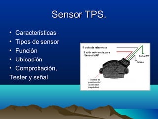Sensor TPS.
• Características
• Tipos de sensor
• Función
• Ubicación
• Comprobación,
Tester y señal
 