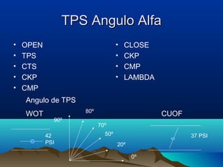 TPS Angulo Alfa
•   OPEN                          •   CLOSE
•   TPS                           •   CKP
•   CTS                           •   CMP
•   CKP                           •   LAMBDA
•   CMP
    Angulo de TPS
                    80º
    WOT                                        CUOF
             90º
                          70º
           42               50º                       37 PSI
           PSI                    20º

                                        0º
 
