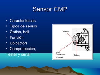 Sensor CMP
• Características
• Tipos de sensor
• Óptico, hall
• Función
• Ubicación
• Comprobación,
Tester y señal
 