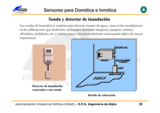 Sensores para Domótica e Inmótica
                        Sonda y detector de inundación
   Las sondas de humedad se emplean para detectar escapes de agua, y para evitar inundaciones
   en las edificaciones que finalmente acaban por deteriorar moquetas, parquets, tarimas,
   alfombras, mobiliario, etc. e incluso pasan a los pisos inferiores ocasionando daños de mayor
   importancia.




            Detector de inundación
            conectado a una sonda
                                                      Detalle de colocación

Automatización Integral de Edificios (AIdeE) – E.P.S. Ingeniería de Gijón                    28
 