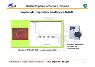 Sensores para Domótica e Inmótica

             Sensores de temperatura (analógico ó digital)




                                                                      Sensor de temperatura
                                                                      con salida en
                                                                      radiofrecuencia
          Ejemplo: SONDA PT-100 y conexión a controlador




Automatización Integral de Edificios (AIdeE) – E.P.S. Ingeniería de Gijón               34
 