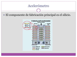 Acelerómetro
 El componente de fabricación principal es el silicio.
 