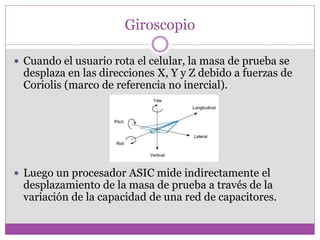 Giroscopio
 Cuando el usuario rota el celular, la masa de prueba se
desplaza en las direcciones X, Y y Z debido a fuerzas de
Coriolis (marco de referencia no inercial).
 Luego un procesador ASIC mide indirectamente el
desplazamiento de la masa de prueba a través de la
variación de la capacidad de una red de capacitores.
 