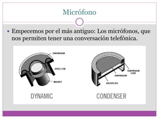 Micrófono
 Empecemos por el más antiguo: Los micrófonos, que
nos permiten tener una conversación telefónica.
 